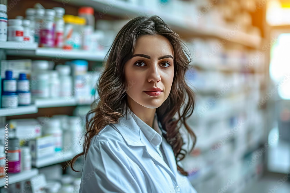 female pharmacist against the background of blurred shelves with medicines