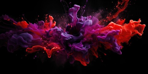 Banner with abstract background explosion of red and purple ink, paint in water on a black background