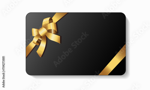 VIP black card and gold bow, shiny satin ribbon, black card with shadow, VIP card, discounts, certificate or gift card.