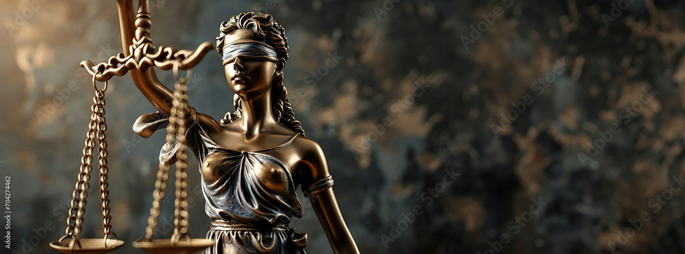 A blindfolded female judge with scales is a symbol of justice. Created with Generative Ai technology. - obrazy, fototapety, plakaty 