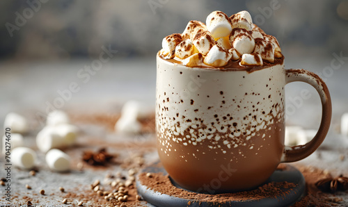 Chocolate hot cocoa in coffee white mug with marshmallow, Generative AI 