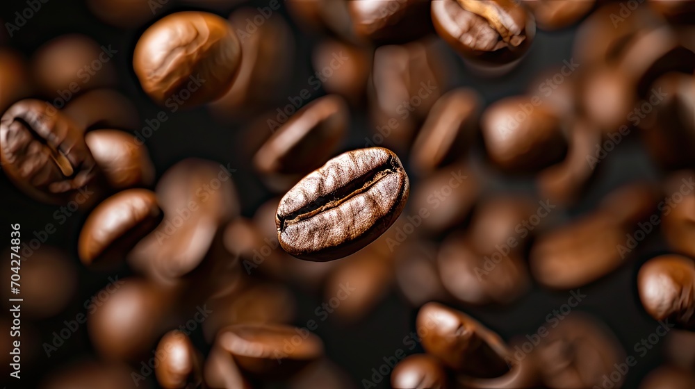 Coffee beans in flight on a dark background Coffee beans in flight on a dark background
