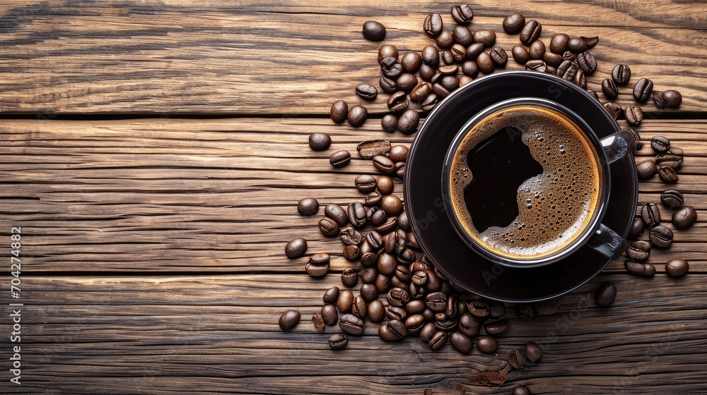 Coffee cup and coffee beans on wooden background. Top view Coffee cup and coffee beans on wooden background. Top view