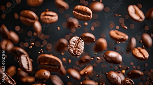 Coffee beans in flight on a dark background 