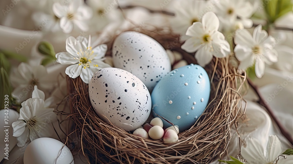 Obraz premium Easter eggs with sweets and flowers on beige. Happy Easter concept. White and blue eggs and cute nest with candy