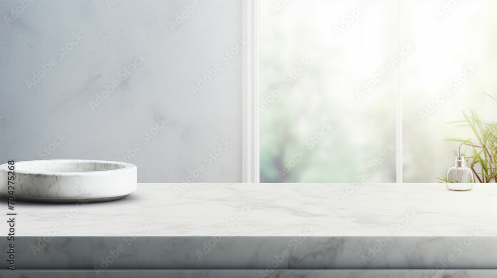 Fototapeta premium Serene Luxury: Empty Marble Table in Modern White Bathroom, Clean Design, Elegant Interior with Minimalist Style and Shiny Reflection