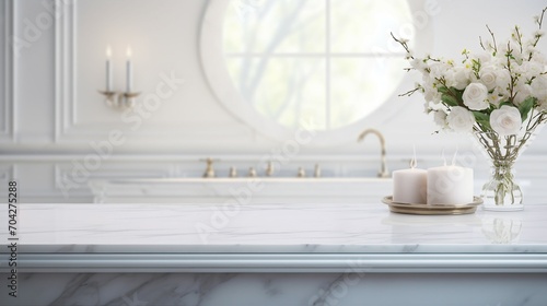 Serene Luxury  Empty Marble Table in Modern White Bathroom  Clean Design  Elegant Interior with Minimalist Style and Shiny Reflection
