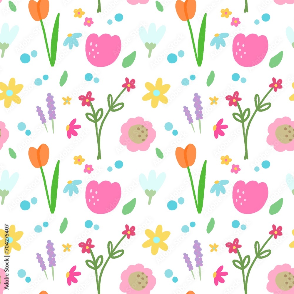 Seamless pattern with flower and leaf on white background . Doodle, cute