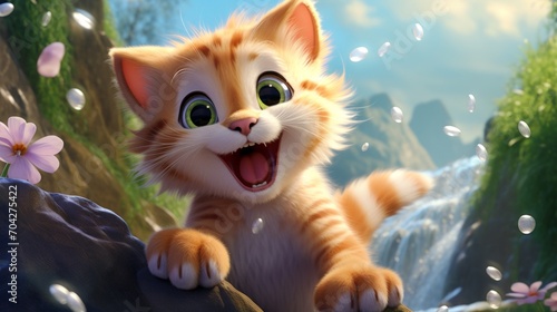 Adorable animated kitten with a joyful expression in a sunlit, magical landscape, ideal for children's content.