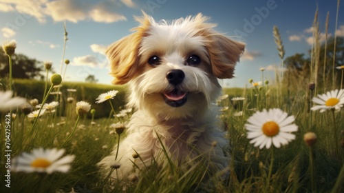 Adorable fluffy puppy among daisies in a sunny meadow, perfect for pet lovers and spring themes. © Tirawat
