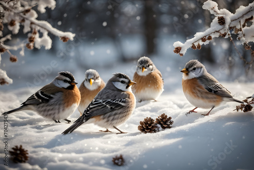 A close up of frozen wintering birds