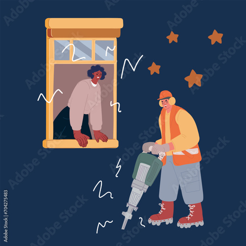 Cartoon vector illustration of Young woman suffering from loud worker renovating road with hammer