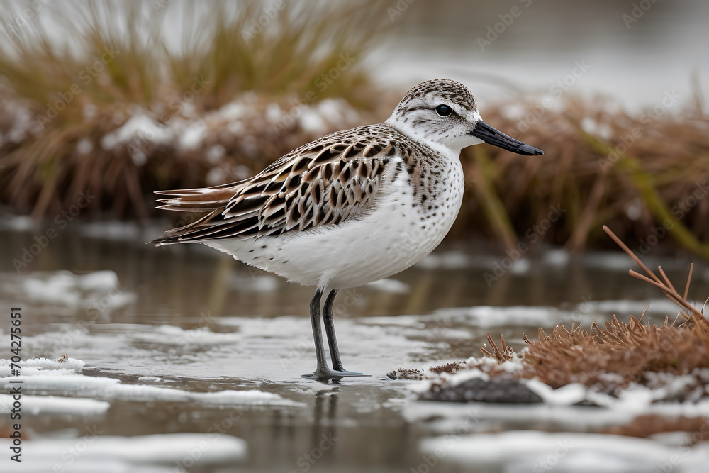 A cute spoon-billed sandpiper looking for his food A cute spoon-billed sandpiper looking for his food