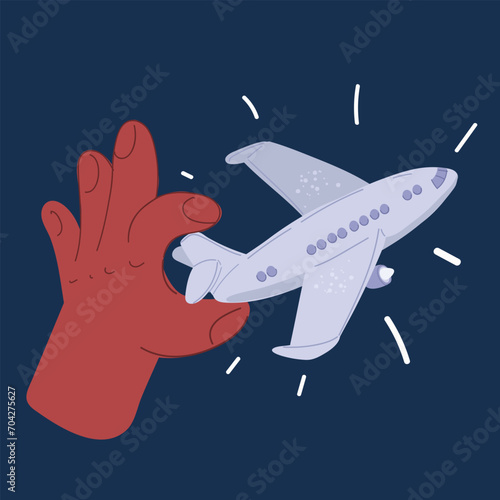 Cartoon vector illustration of hand holding airplane