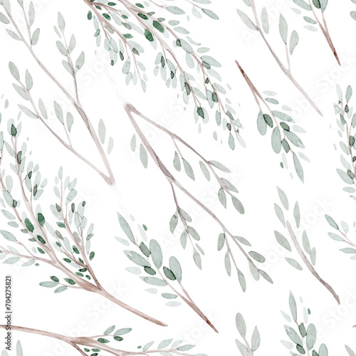 Floral seamless pattern with abstract blue and beige flowers, delicate branches and leaves. Watercolor print isolated on white background for textile or wallpapers. © kris_art