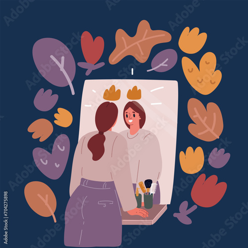 Cartoon vector illustration of narcissistic woman with a crown looking at the mirror