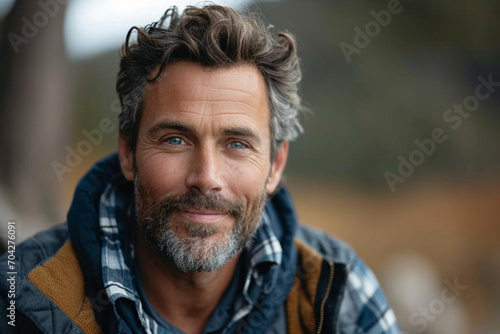 A portrait capturing the rugged handsomeness of a man in his forties, featuring a mix of casual elegance, a hint of stubble, and a knowing smile.