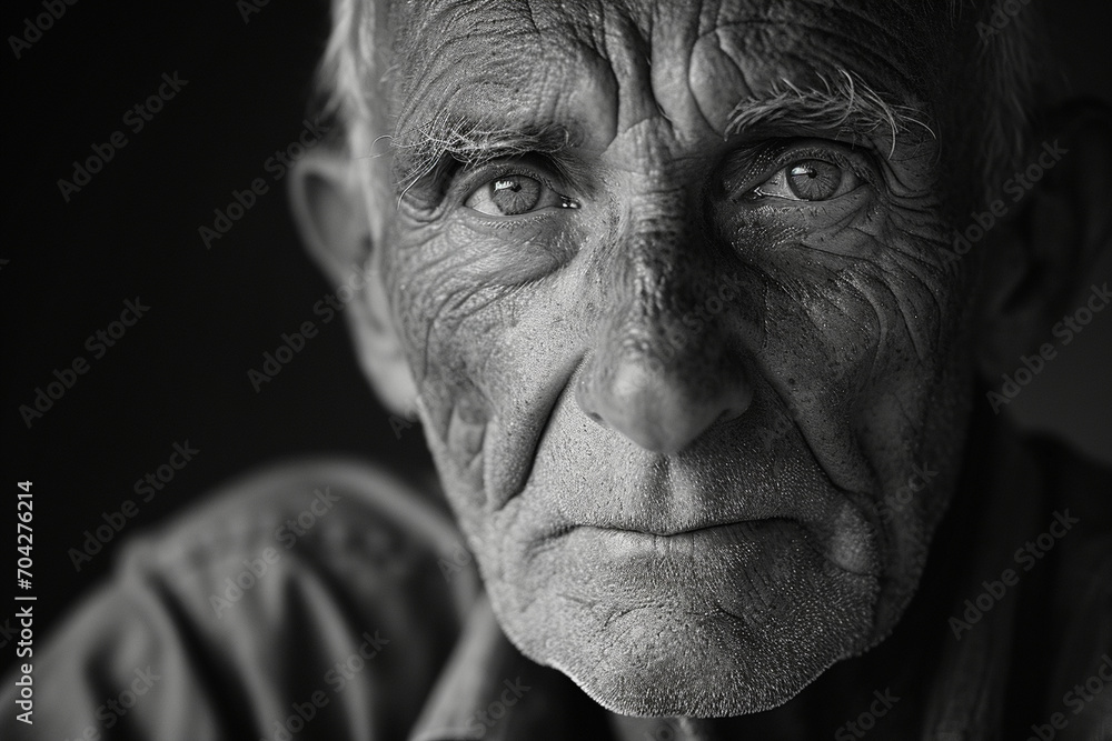 An intimate black-and-white portrait of a mature man, highlighting the lines of experience on his face and the quiet strength emanating from his presence. An intimate black-and-white portrait of a mature man, highlighting the lines of experience on his face and the quiet strength emanating from his presence.