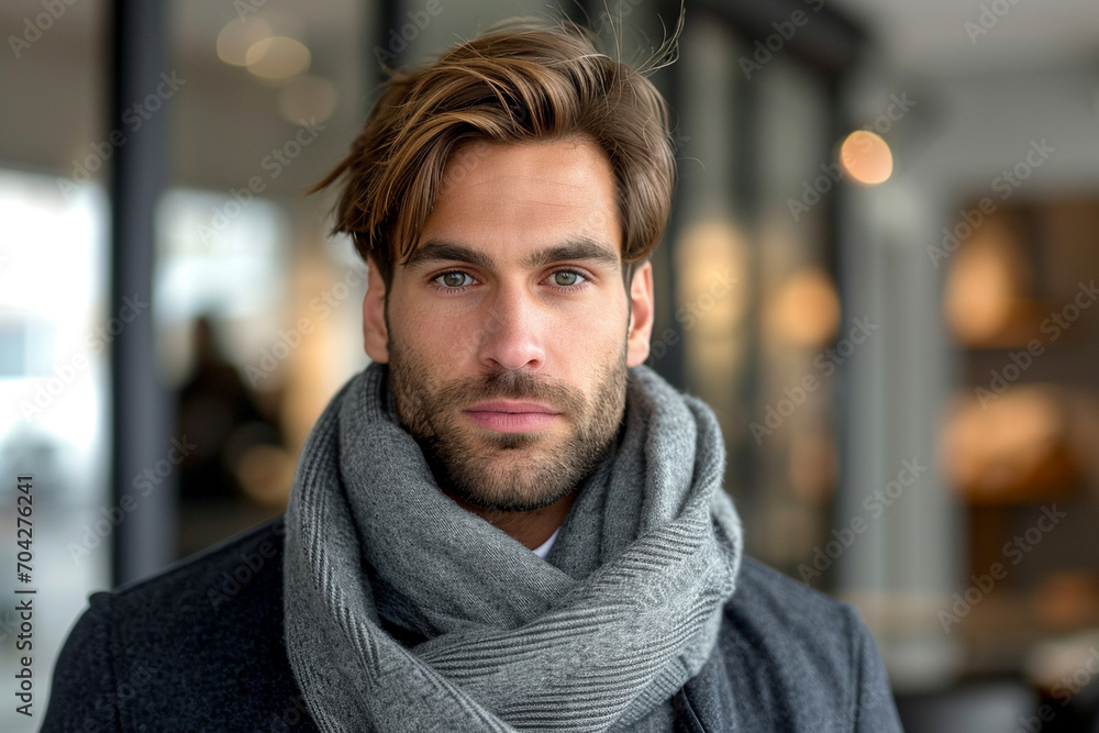 A fashion-forward portrait of a man in his twenties, showcasing his trendy hairstyle, well-groomed beard, and a wardrobe that reflects contemporary style.