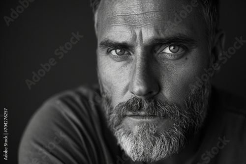 A dramatic black-and-white portrait capturing the intensity of a man in his forties, with striking features, a groomed beard, and a magnetic presence.