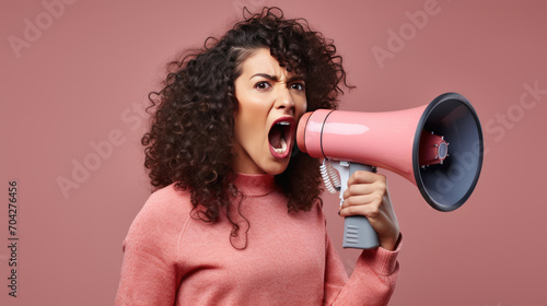 Woman excitedly shouting into a megaphone against a colored background © HelenP