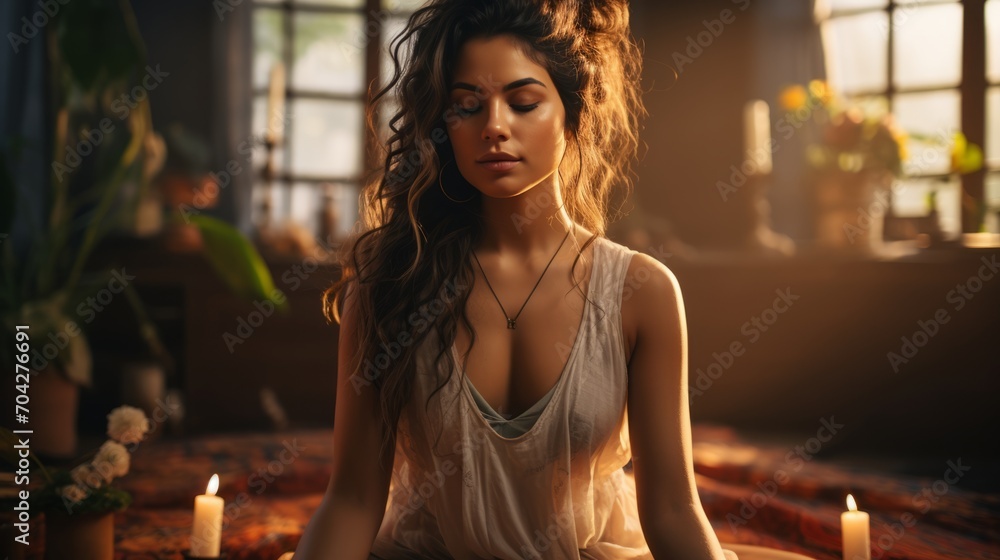 Serene woman meditating in a warm, candlelit room, embodying peace and mindfulness. Serene woman meditating in a warm, candlelit room, embodying peace and mindfulness.