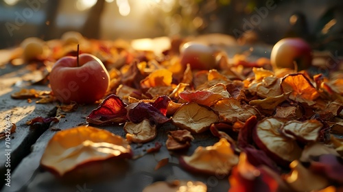 Autumn leaves and apples on a wooden table in the garden.