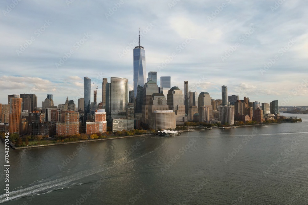 Naklejka premium New York skyline landmarks skyscrapers. Travel to America. New York USA. View of Manhattan in New York. New York City USA midtown Manhattan financial district skyline. NYC from drone. NYC aerial view.
