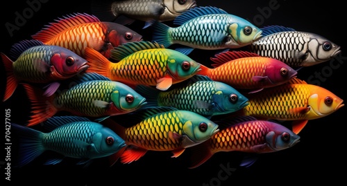 A school of colorful fish swim together in a dark background