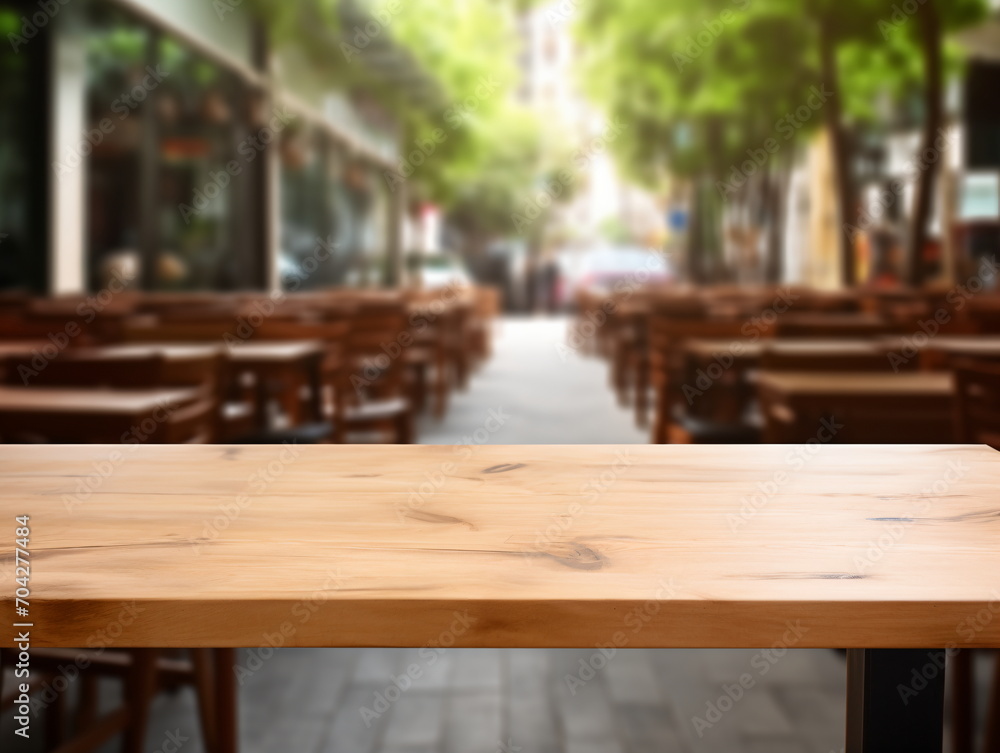An empty wooden table with a blurred street view of a restaurant in the background