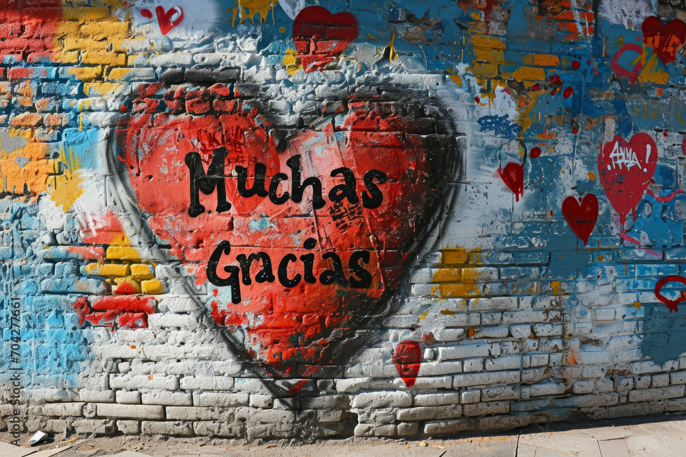 Naklejka premium Żywa sztuka uliczna przedstawiająca serce z tekstem „Muchas Gracias”, graffiti na ścianie z cegły wyrażające wdzięczność i miłość, kolorowe miejskie tło.