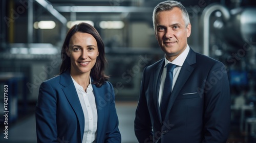 Business partners shaking hands agree to deal against the backdrop of an industrial factory.