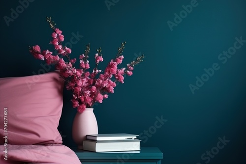 A beautiful pink flower bouquet in a vase on a nightstand with a pink pillow and books photo