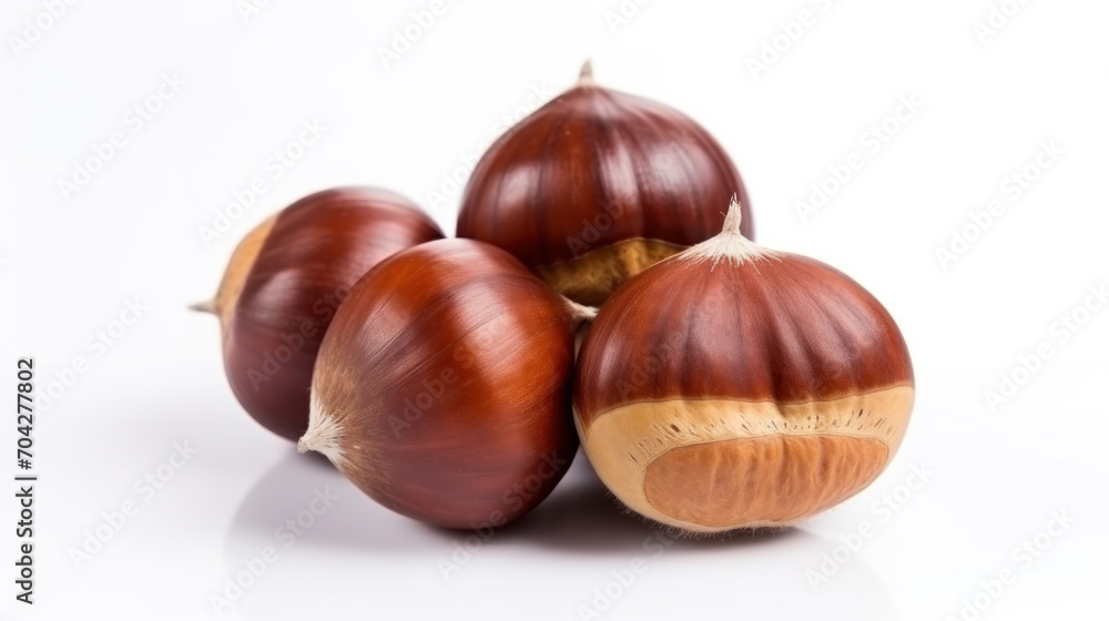 Chestnut with leaves close up on white backgrounds. Chestnut with leaves close up on white backgrounds.