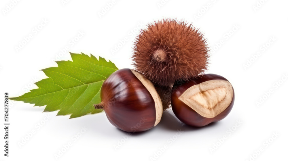 Chestnut with leaves close up on white backgrounds. Chestnut with leaves close up on white backgrounds.
