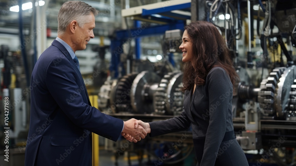 One man in a suit stands in front of a woman in a suit shaking hands against the backdrop of a factory
