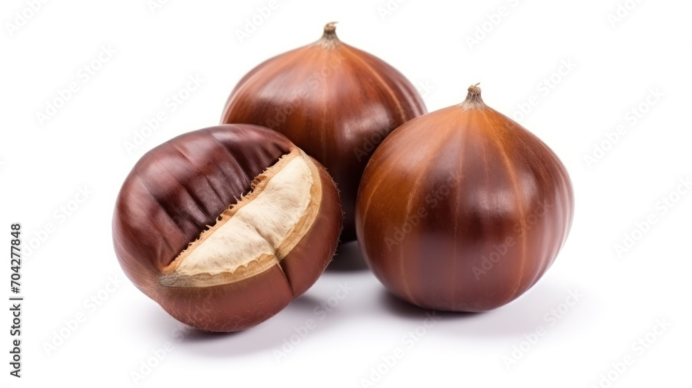 Chestnut with leaves close up on white backgrounds. Chestnut with leaves close up on white backgrounds.