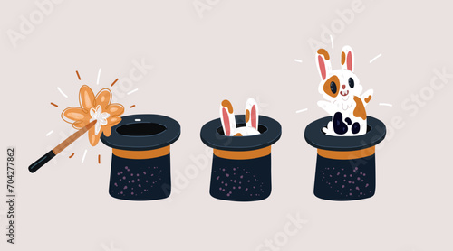 Vector illustration of Wizard conjure cylinder. Magic hat with bunny ears. Magician hat with rabbit. Circus show, abracadabra wand. Magic rabbit in hat, bunny trick