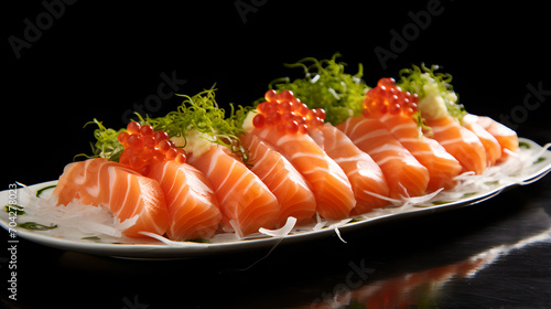 salmon sashimi on black background