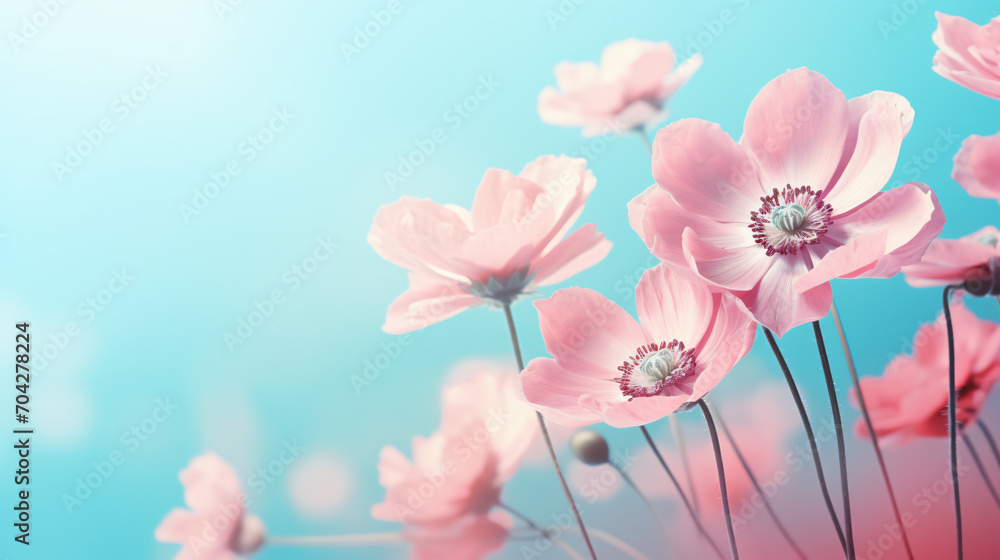 Gently pink flowers of anemones outdoors in summe