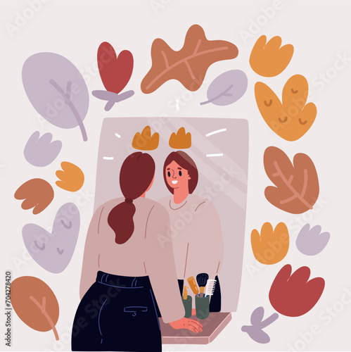 Vector illustration of Ambitious woman looks in mirror and sees own reflection with crown symbolizing success. Girl dreams of career achievements and successful future