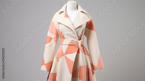 beautiful pastel peach geometrical design coat for woman displaying on light background