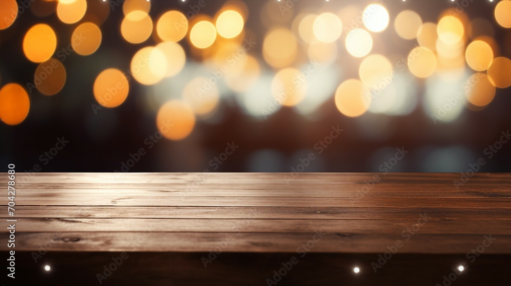 Cozy Festive Atmosphere: Wooden Table Top with Lights Bokeh, Perfect for Christmas and New Year Celebration Cozy Festive Atmosphere: Wooden Table Top with Lights Bokeh, Perfect for Christmas and New Year Celebration