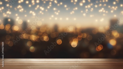 Cozy Festive Atmosphere  Wooden Table Top with Lights Bokeh  Perfect for Christmas and New Year Celebration