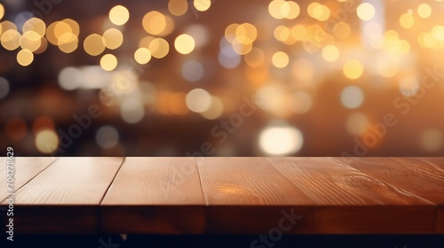 Cozy Festive Atmosphere: Wooden Table Top with Lights Bokeh, Perfect for Christmas and New Year Celebration