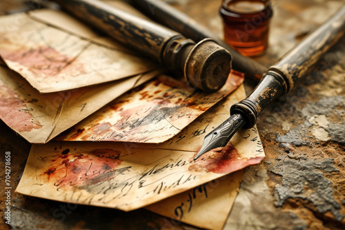 Antique fountain pen on aged letters with an inkwell, evoking a sense of nostalgia and the art of traditional handwriting.