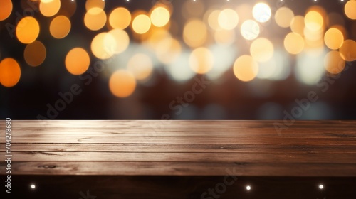 Cozy Festive Atmosphere: Wooden Table Top with Lights Bokeh, Perfect for Christmas and New Year Celebration