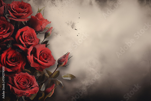 a red rose on a smoke vintage background with copy space. for cards, and funeral ceremonies. #704279000