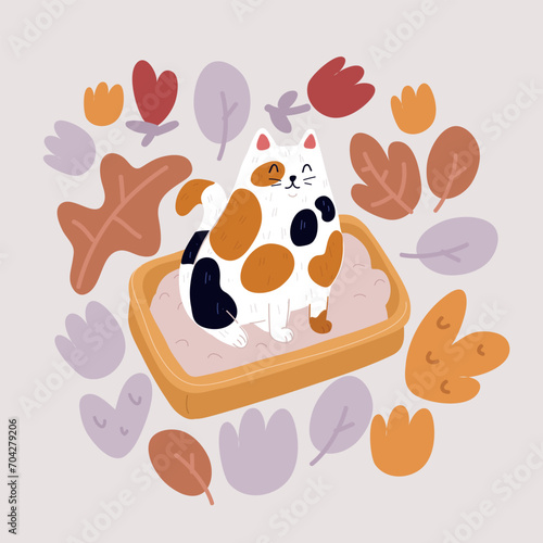 Vector illustration of cat pee or poop inside clean litter box or pet toilet indoors