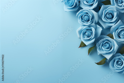bouquet of blue roses on a blue background with copy space. for valentines, weddings, invitations, cards, greetings, presentations, anniversary.